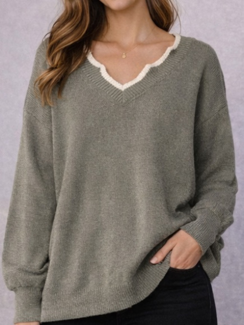 Women’s Olive Green V-Neck Plus Size Sweater with Bow Accent - Size 3X